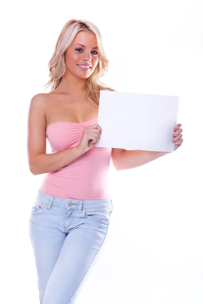 Menina sexy segurando uma página em branco — Fotografia de Stock
