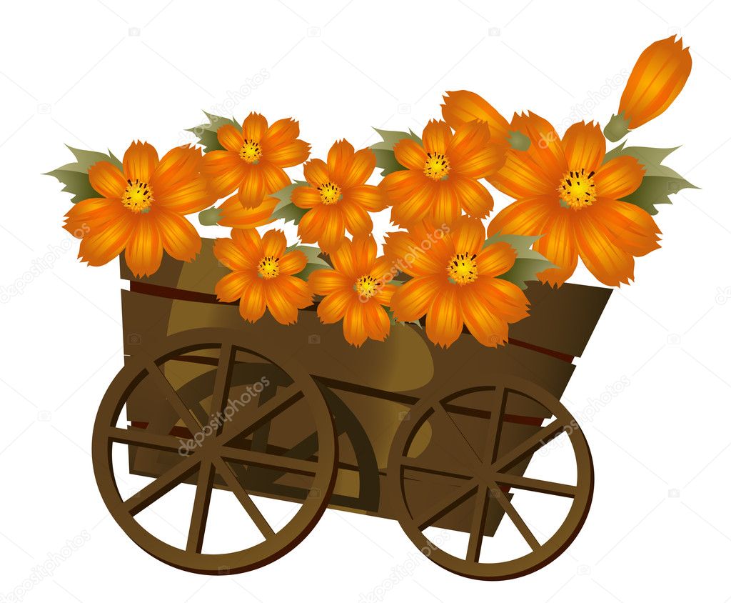 A wood trolley and flower