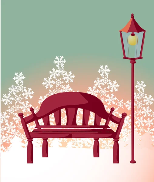 Ahşap sandalye, sokak lambası, kar tanesi — Stok fotoğraf
