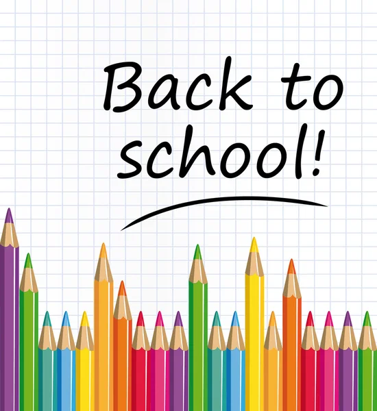 Ritorno a scuola testo su carta con matite colorate . — Vettoriale Stock