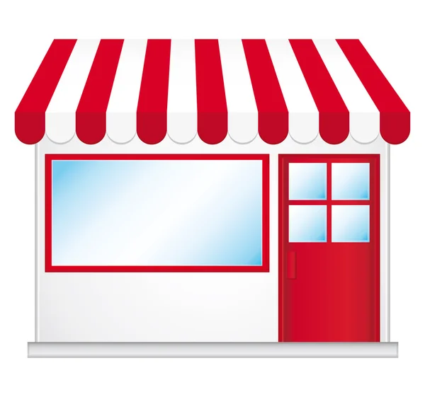 Carino icona negozio con tende da sole rosse . — Vettoriale Stock