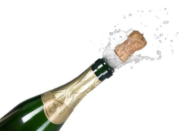 Exploze zelené láhev šampaňského Cork — Stock fotografie