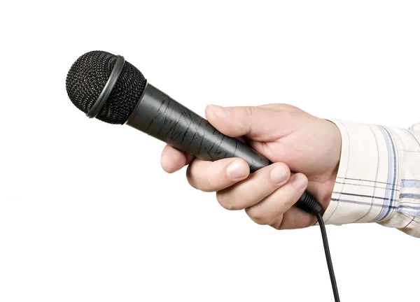 Homem e microfone moderno com fio — Fotografia de Stock