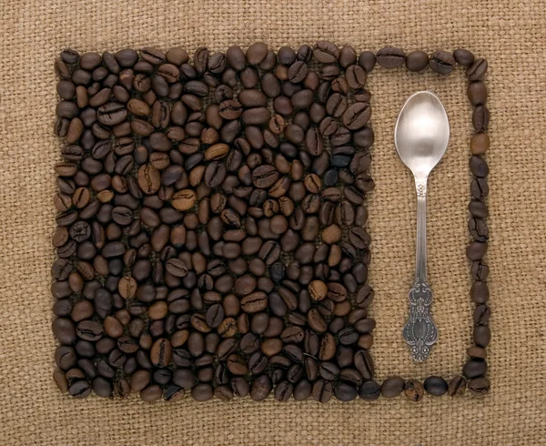Carrés de grains de café et cuillère — Photo