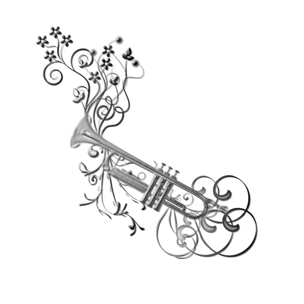 Müzikal instument trompet, çiçekler — Stok fotoğraf