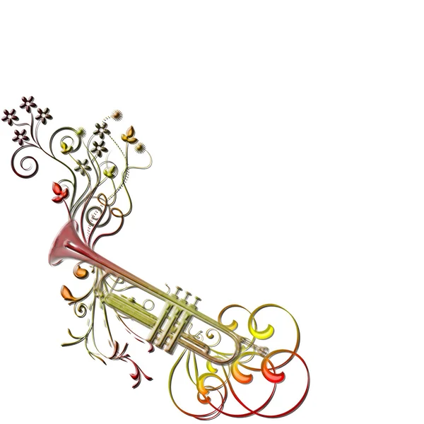 Musikalisk instument trumpet, blommor — Stockfoto