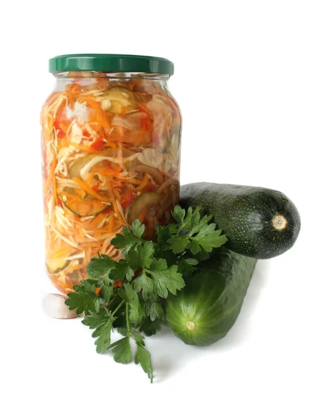 stock image Canned salad in a bank and vegetables