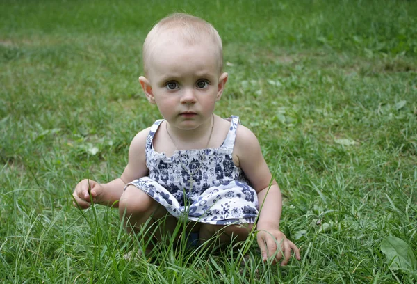 Malá dívka sedící v trávě — Stock fotografie