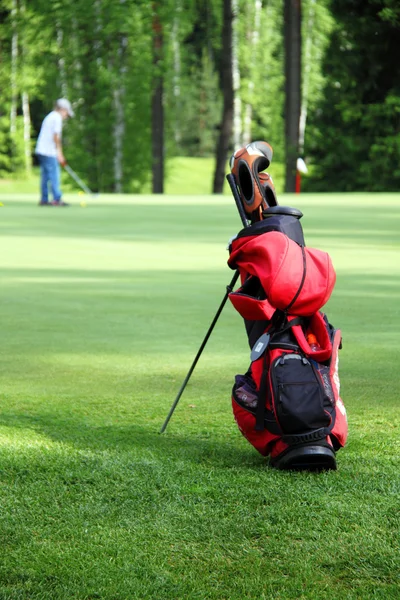 Sac avec clubs de golf sur le terrain de golf Images De Stock Libres De Droits
