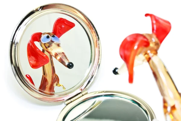 Glass dachshund looking in the mirror — Stock Photo, Image