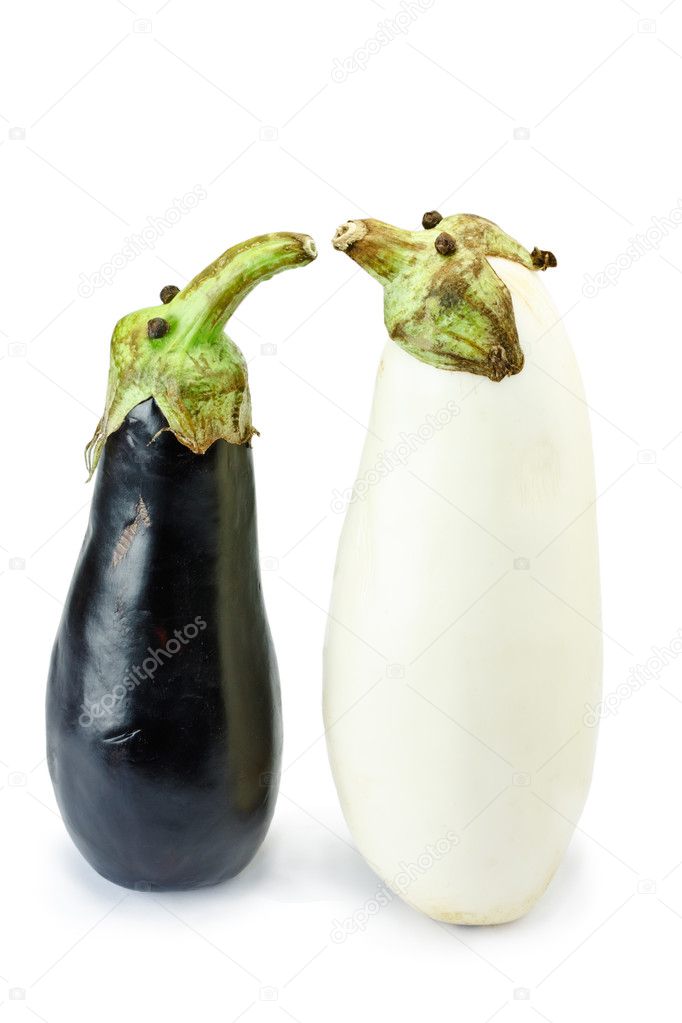 Black and white eggplants as funny puppets isolated on white