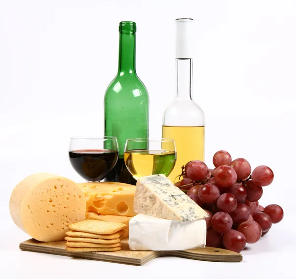 Various types of cheese, wine, grapes — Stock Photo, Image