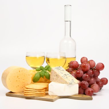 Various types of cheese and wine clipart