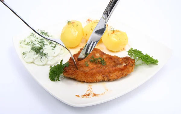 Pork chop en aardappelpuree ingekrompen — Stockfoto