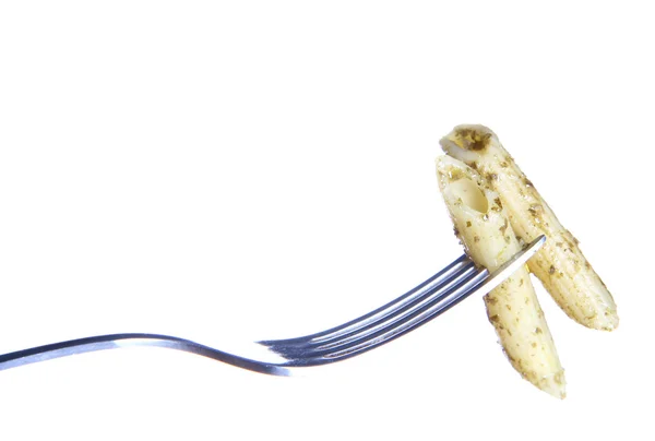 Penne with pesto on a fork — Stock Photo, Image