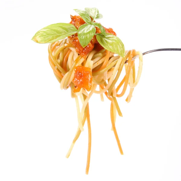 Espaguetis boloñeses en tenedor — Foto de Stock