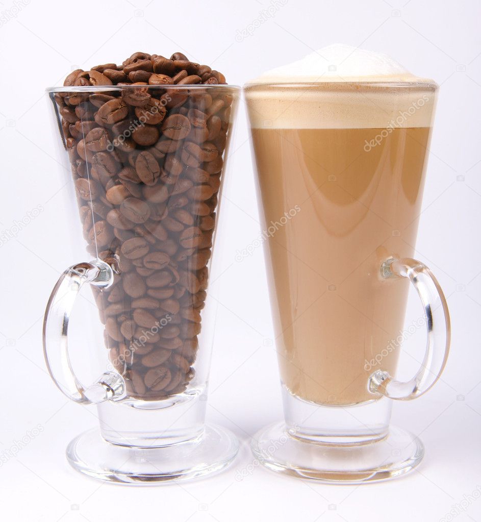 Caffe latte and coffee beans