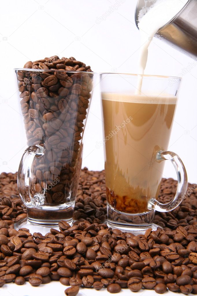 Making of caffe latte and coffee beans