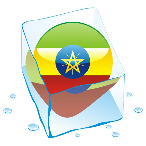 Ethiopia button flag frozen in ice cube — Stock Vector
