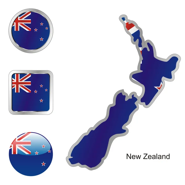 นิวซีแลนด์ในแผนที่และปุ่มเว็บ — ภาพเวกเตอร์สต็อก