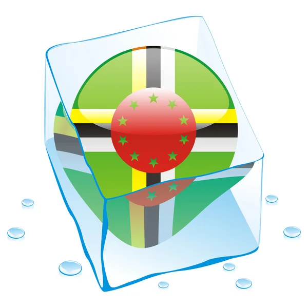 Botón Dominica bandera congelada en cubo de hielo — Vector de stock