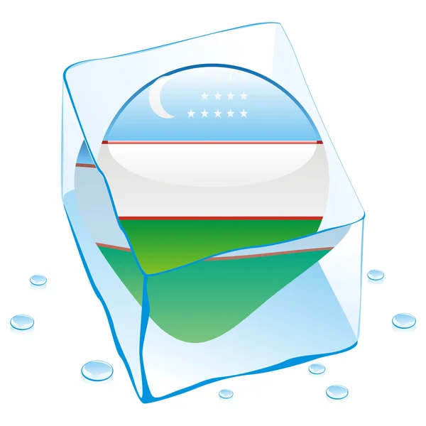 Uzbekistan button flag frozen in ice cub — Stock Vector