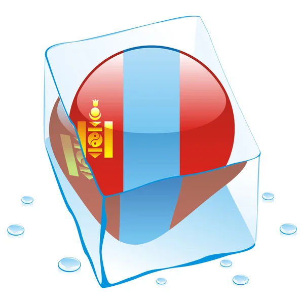 Mongolia button flag frozen in ice cube — Stock Vector