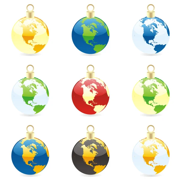 Kerstmis bollen met wereld globe lay-out — Stockvector