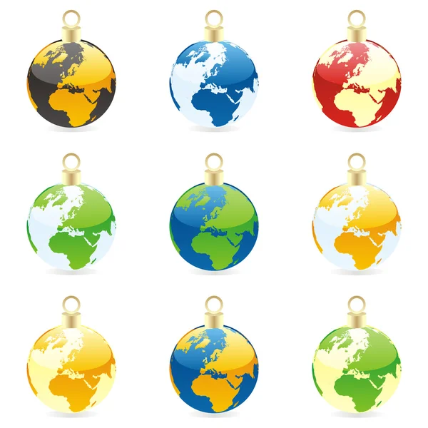 Kerstmis bollen met wereld globe lay-out — Stockvector