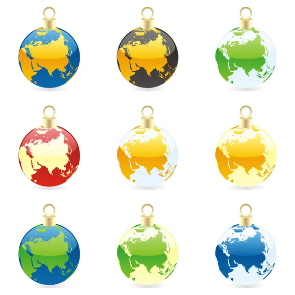 Bombillas de Navidad con diseño globo mundo — Vector de stock