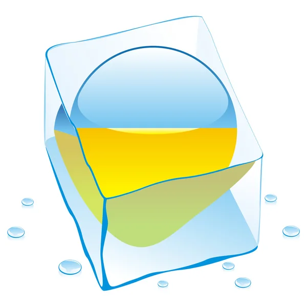 Bandera de Ucrania botón congelado en cubo de hielo — Vector de stock