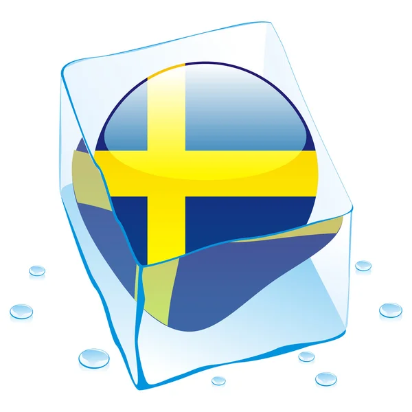 Sweden button flag frozen in ice cube — Stock Vector
