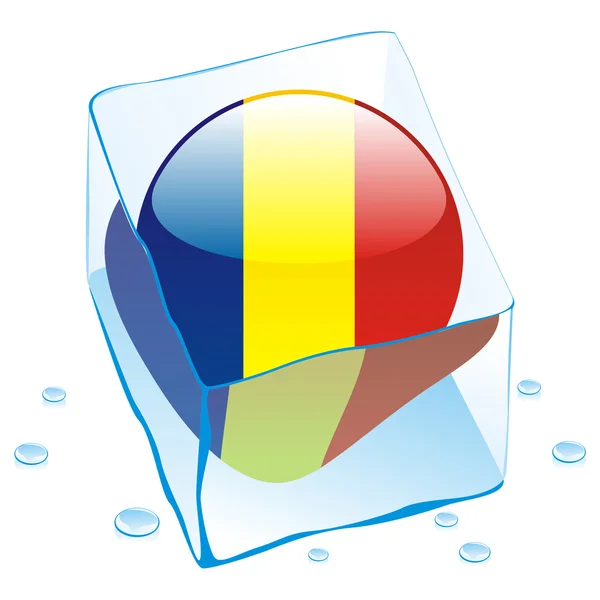 Bandera de botón Rumania congelada en cubo de hielo — Vector de stock