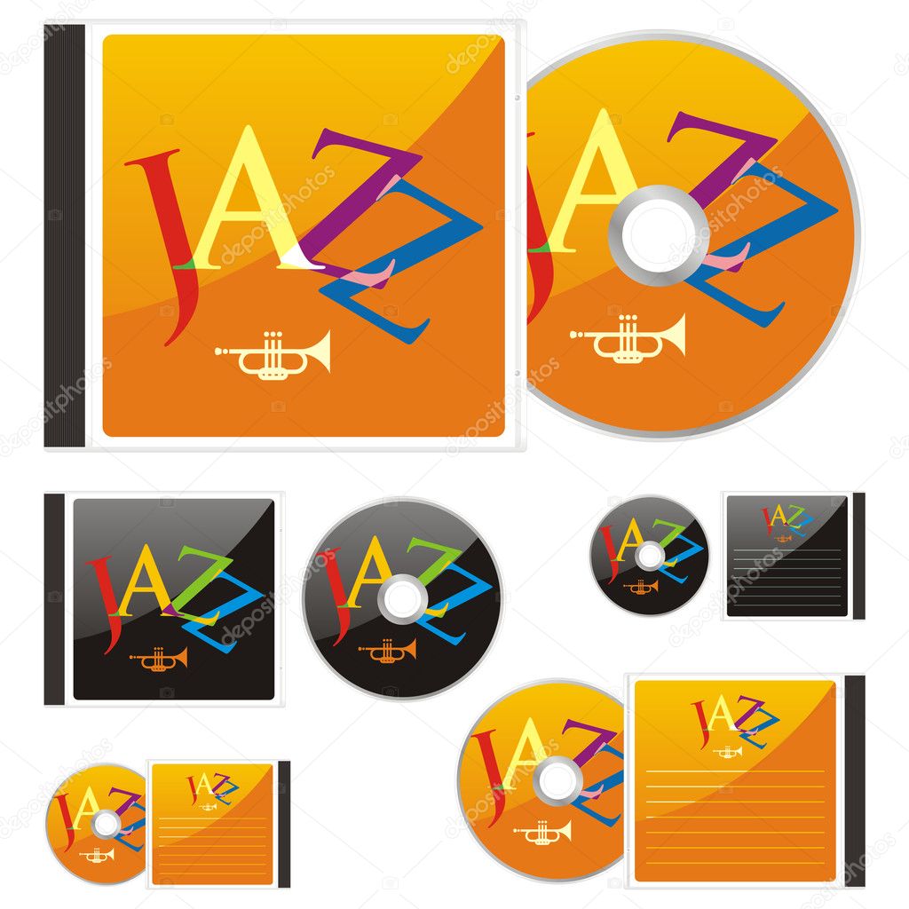 Colored CDs and cases with jazz layout