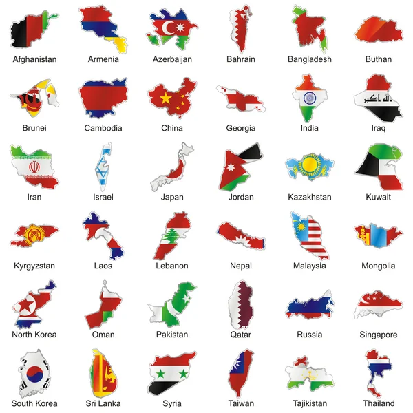 Isolata asiatico bandiere in mappa forma — Vettoriale Stock