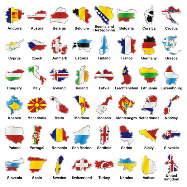 Isolated european flags in map shape