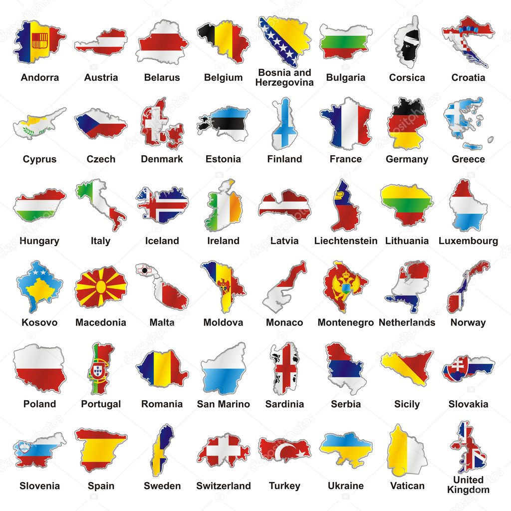 Isolated european flags in map shape