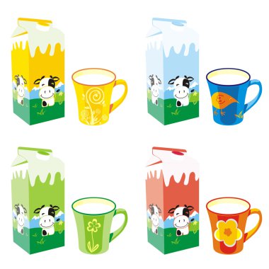 Isolated milk carton boxes and mugs clipart