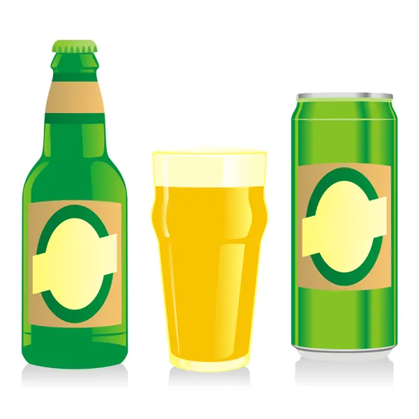 Botellas, vasos y latas de cerveza — Vector de stock