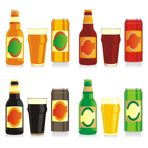 Beer bottles, glasses and cans — Stock Vector