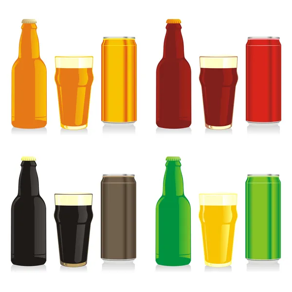 Bierflaschen, Gläser und Dosen — Stockvektor