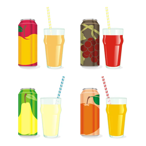 Isolated juice cans and glasses — Stock Vector