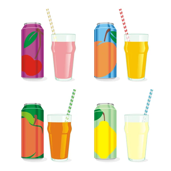 Isolated juice cans and glasses — Stock Vector