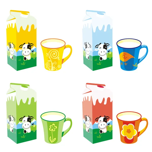 Cajas y tazas de cartón de leche aisladas — Vector de stock