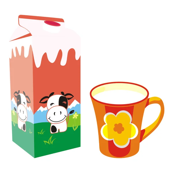 Caja de cartón de leche aislada y taza — Vector de stock
