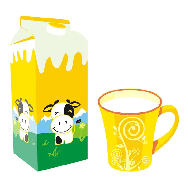 Boîte isolée de carton de lait et tasse — Image vectorielle
