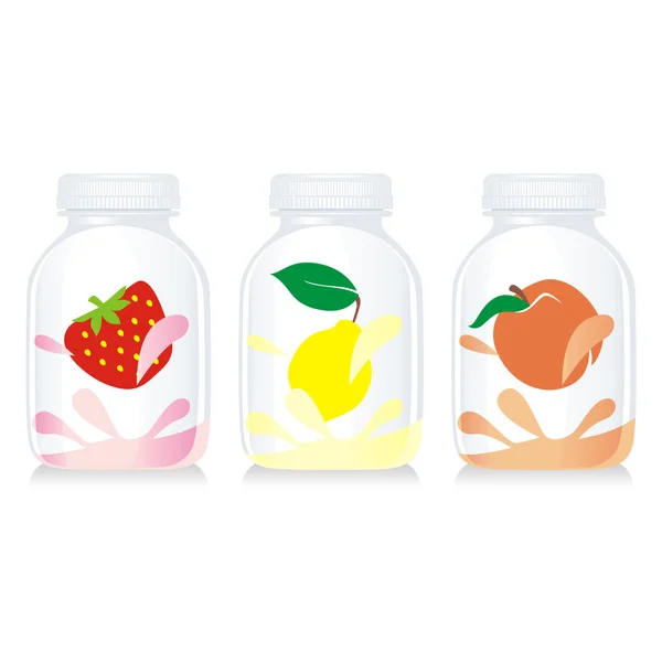 Frutas isoladas garrafas de vidro de iogurte — Vetor de Stock