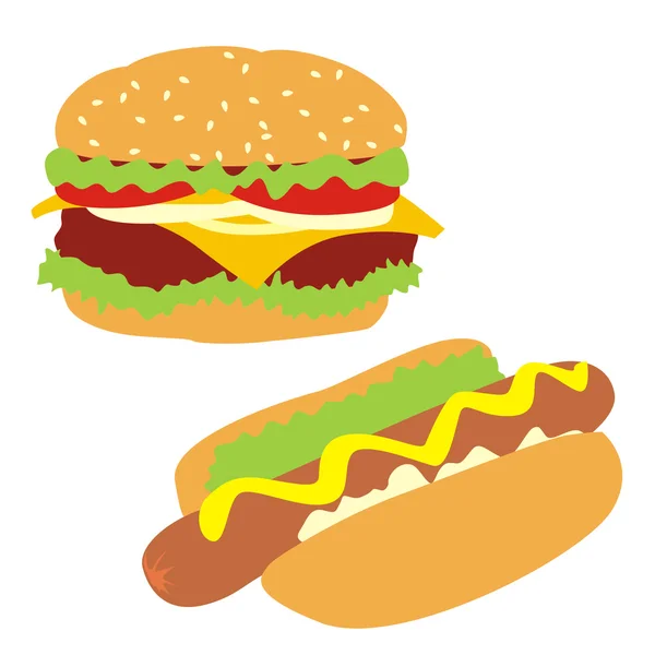 Perro caliente y hamburguesa aislados — Vector de stock