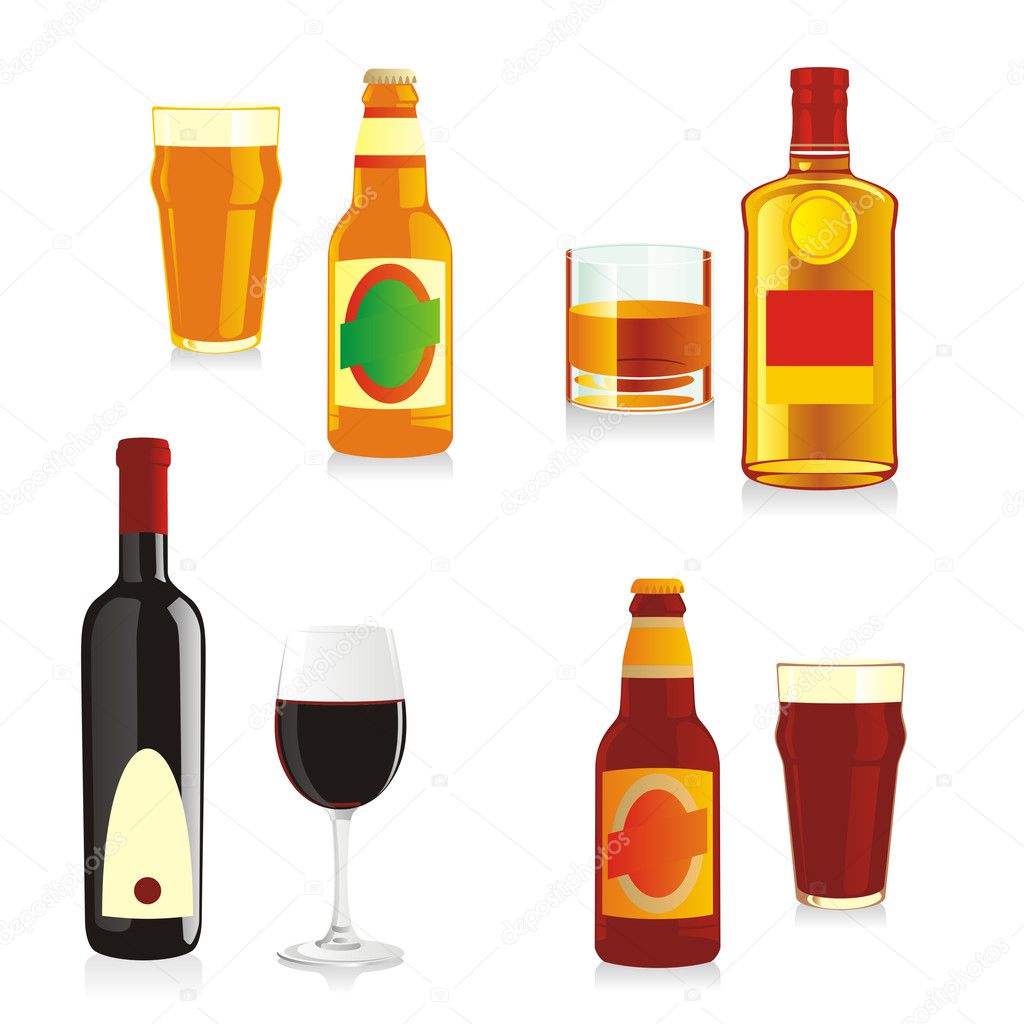Isolated alcohol bottles and glasses