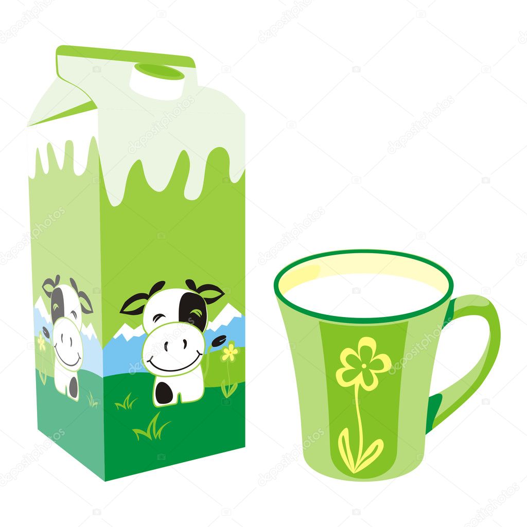 Isolated milk carton box and mug
